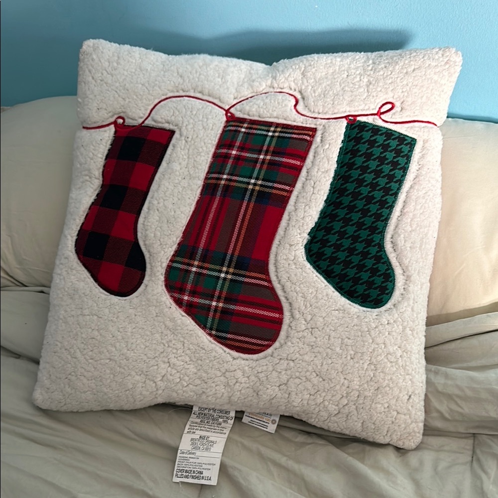 Festive Holiday Pillow with Red and Green Stockings